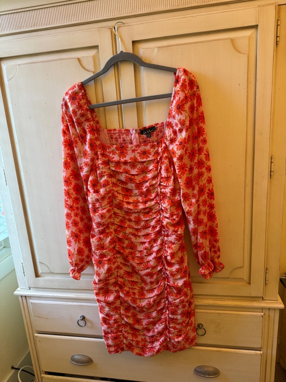 Nicole Miller Pink and Red Floral Ruched Mini Dress